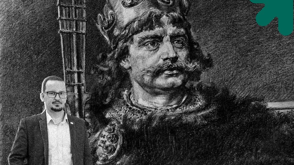 Grafika przedstawiająca Bolesława Chrobrego i profesora Adriana Jusupovića